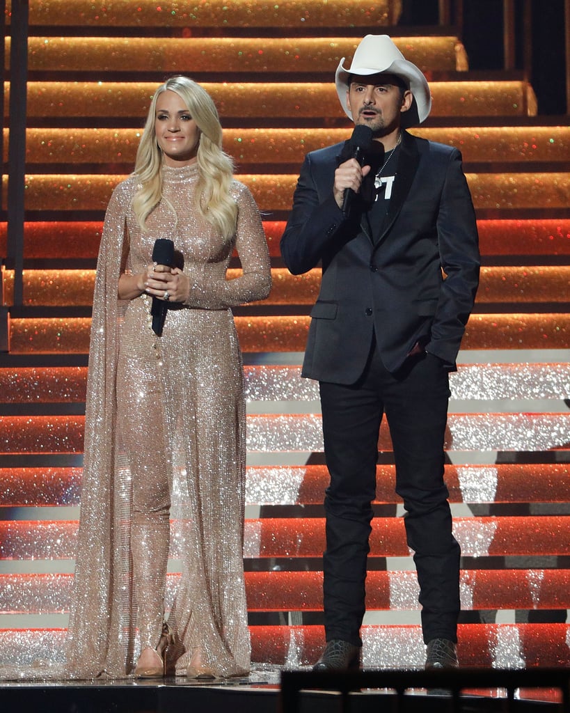 For her last look of the night, Carrie stunned in a skintight beige sequin catsuit with a cape.