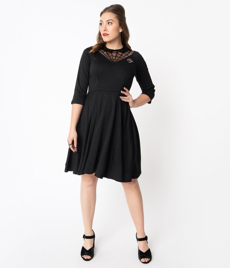 Unique Vintage Black Spiderweb Endora Fit and Flare Dress