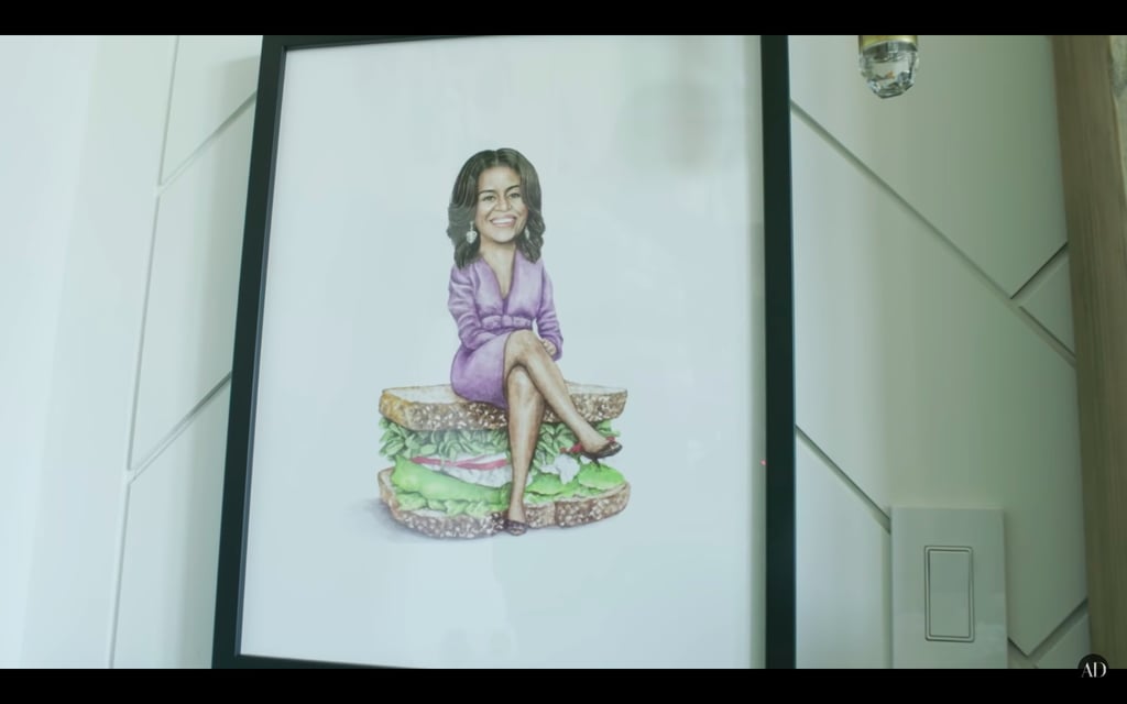 Emmy and Daveed framed fun illustrations of Michelle and Barack Obama from the Instagram account Celebs on Sandwiches.