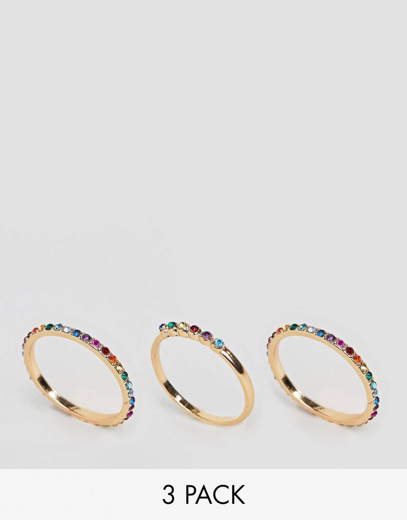ASOS DESIGN Curve Exclusive pack of 3 rings with MULTICOLOR jewels in gold
