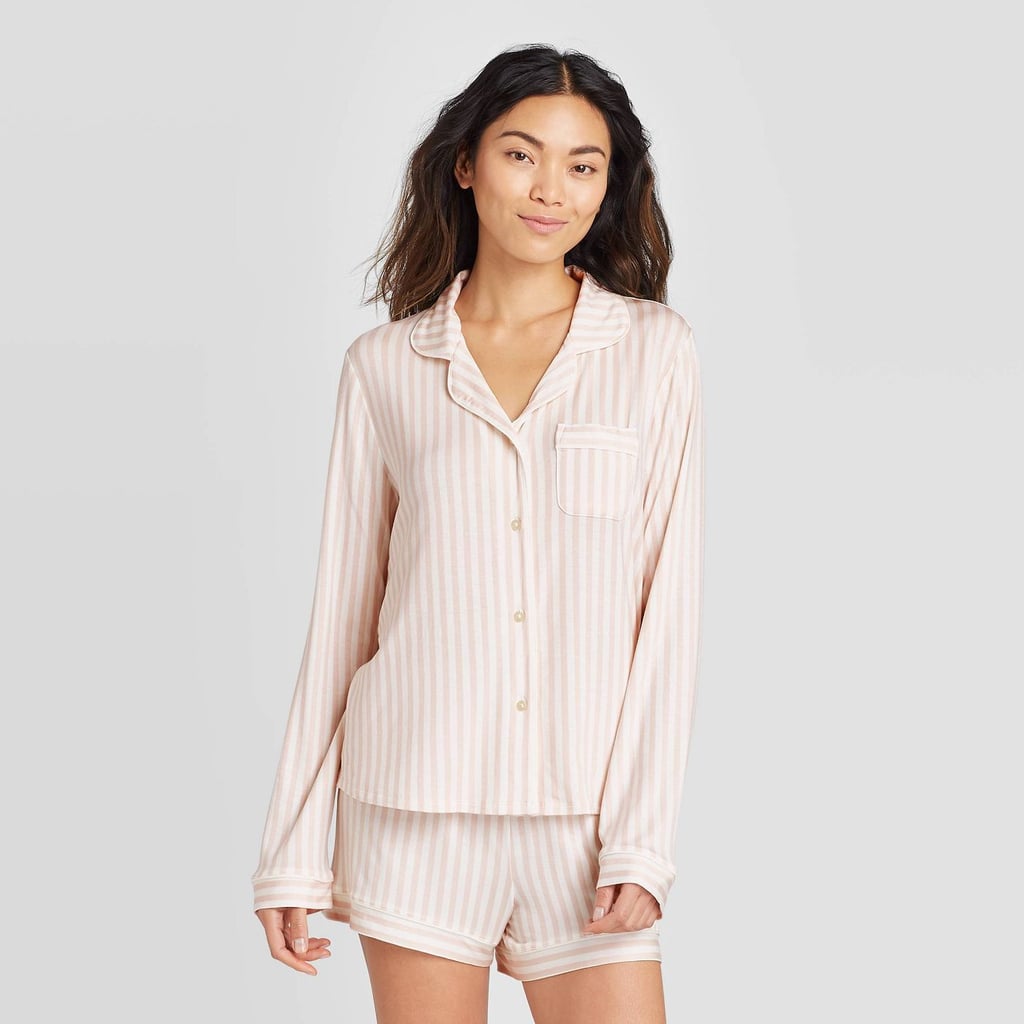 Stars Above Striped Beautifully Soft Long Sleeve Notch Collar and Short Pajama Set in Soft Pink