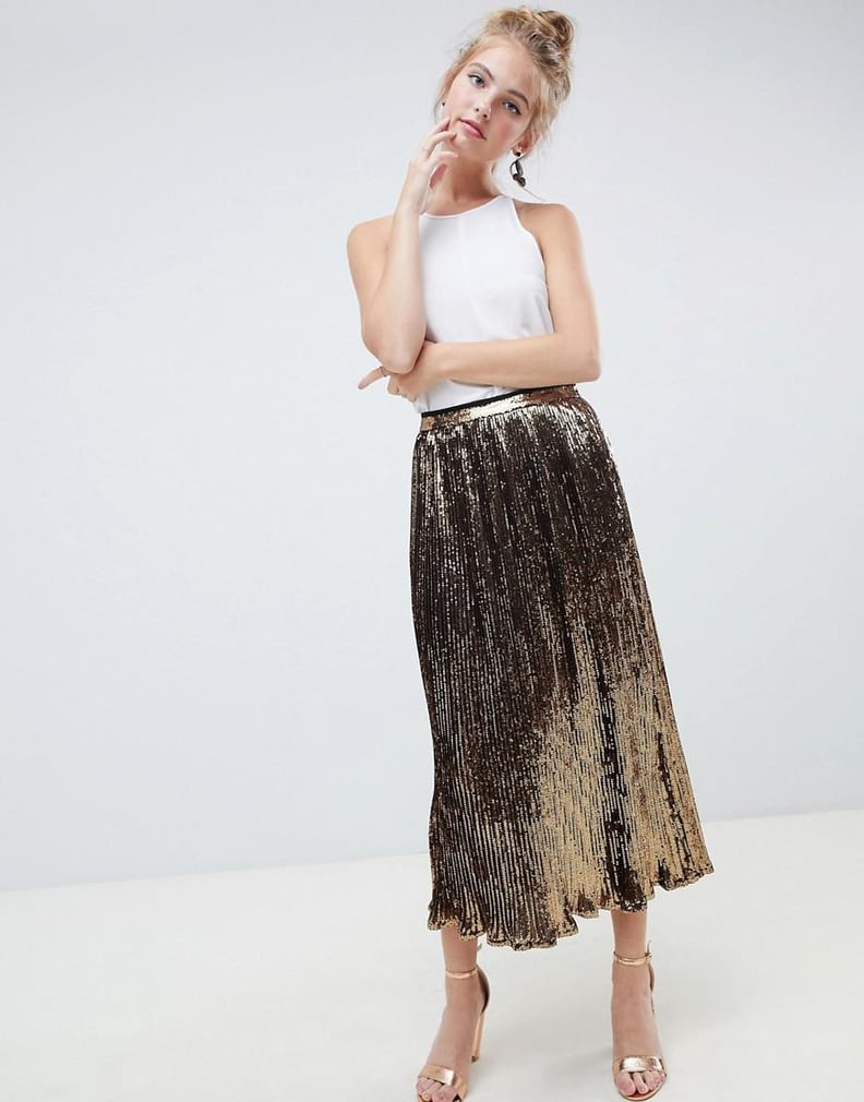 ASOS Design Pleated Sequin Midi Skirt