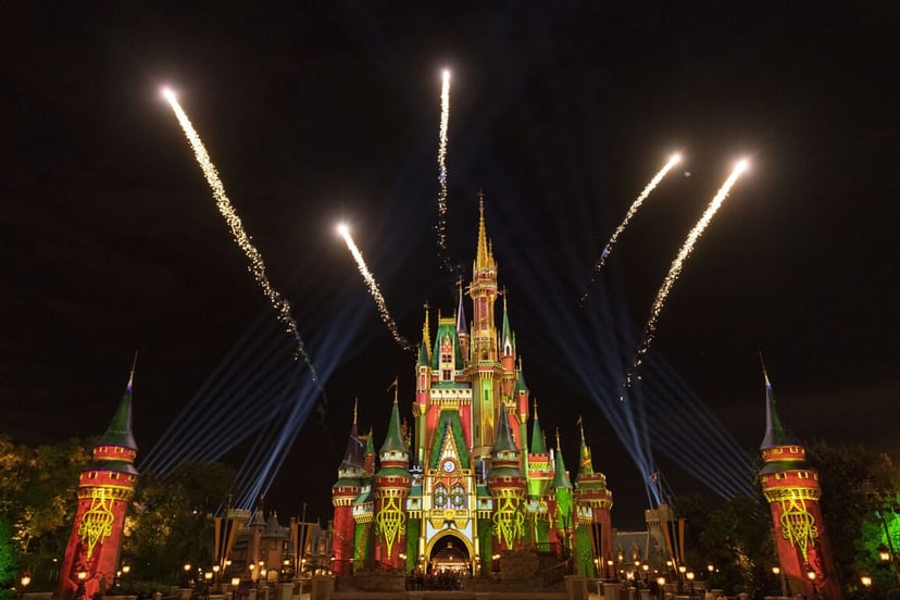 Pyrotechnic pixie-dust moments add occasional bursts of merriment each night at Magic Kingdom Park as projection effects transform Cinderella Castle with a flourish of holiday cheer. These magical holiday touches occur throughout the night as part of the 