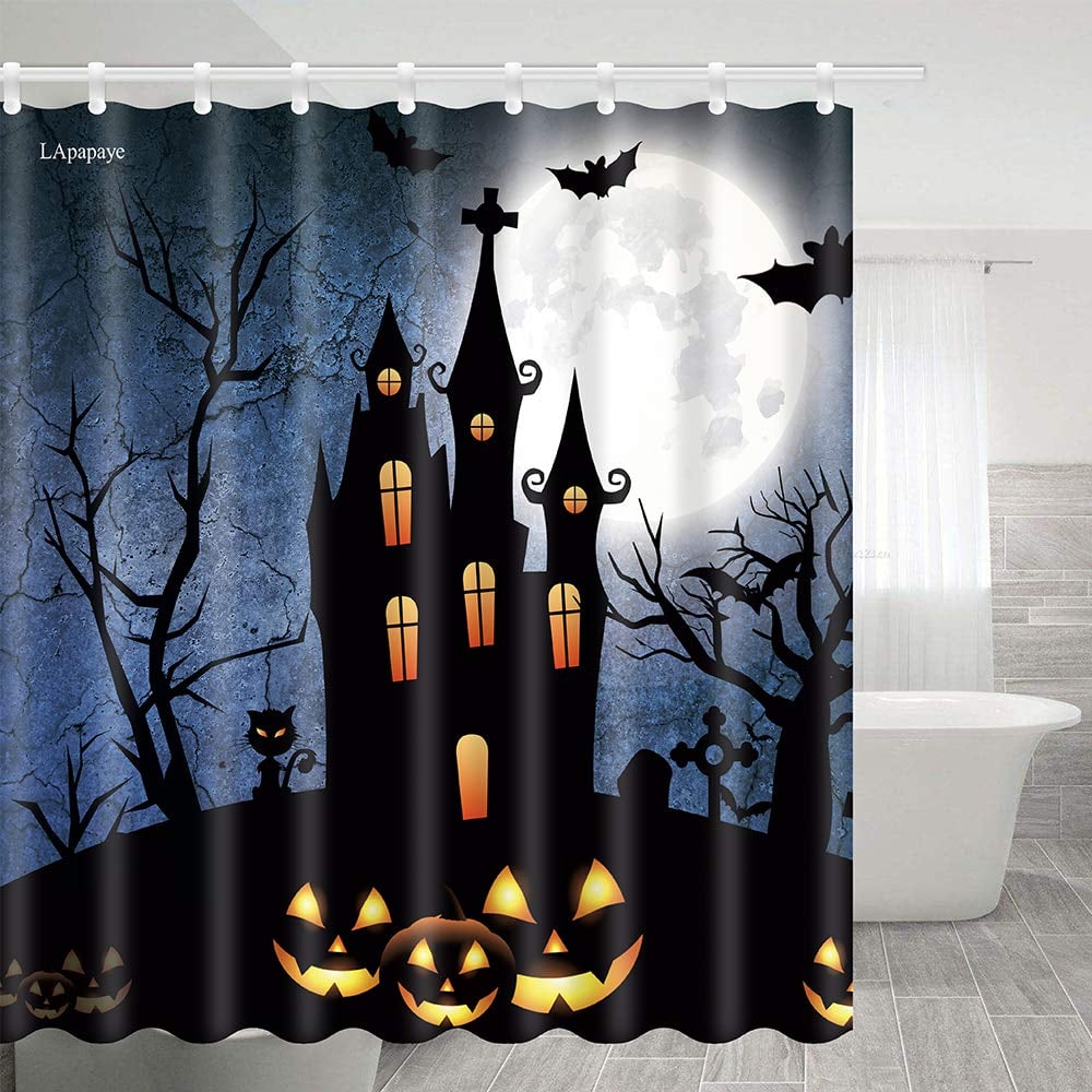 Halloween Pumpkin Lights Outside the Castle and Bats Shower Curtain ...