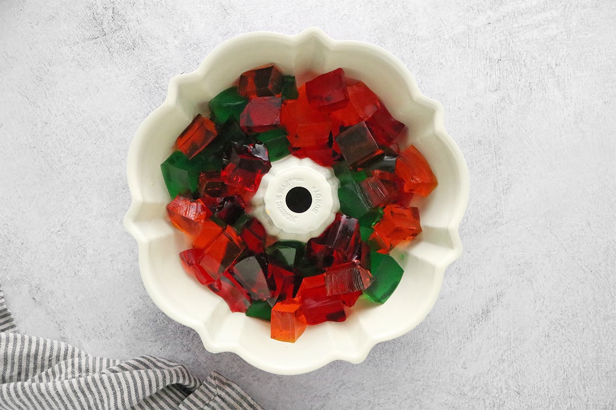 Cubes of gelatin in a Bundt pan