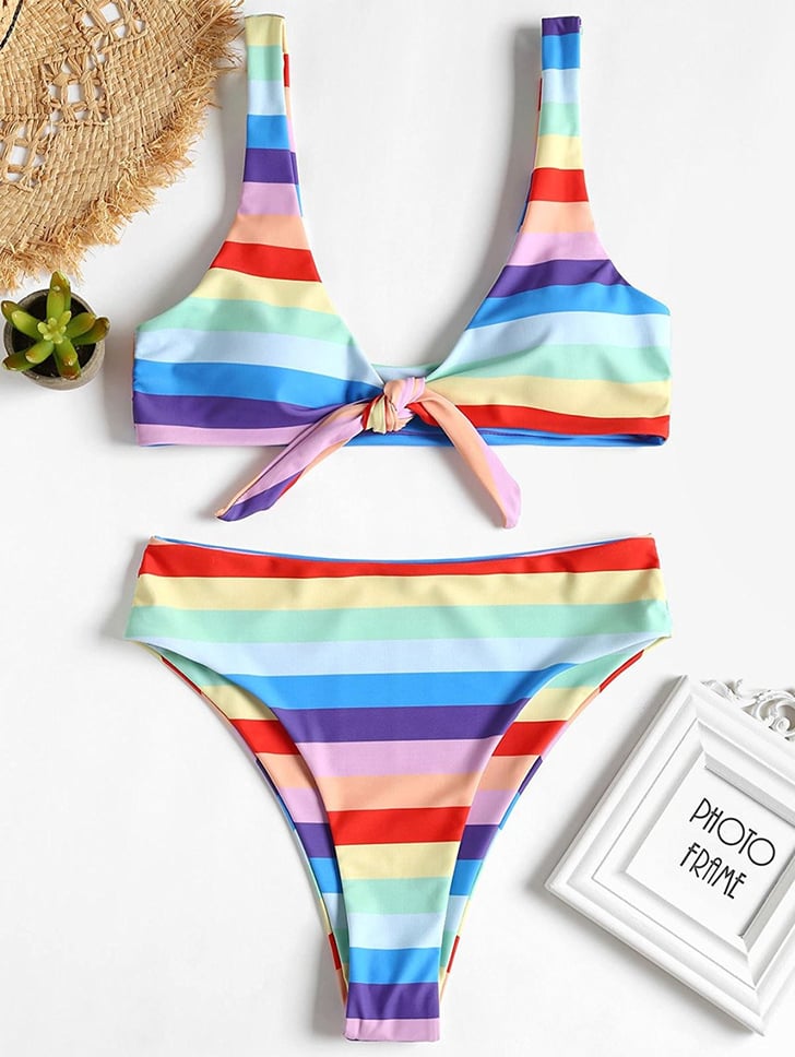 Dezzal Rainbow Stripe High Cut Bandeau Bikini | Best Rainbow Swimwear ...