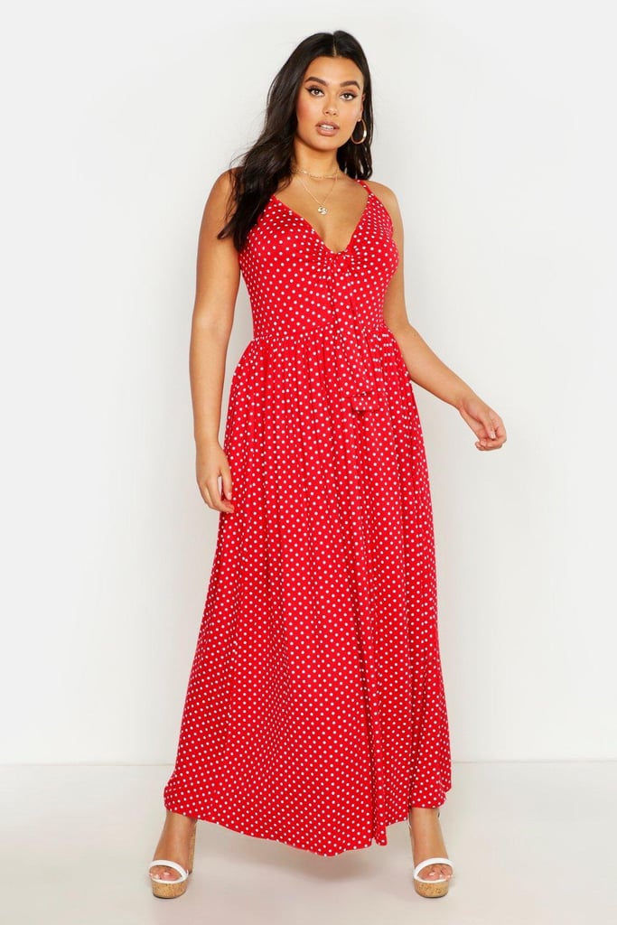 Boohoo Plus Polka Dot Strappy Knot Front Maxi Dress