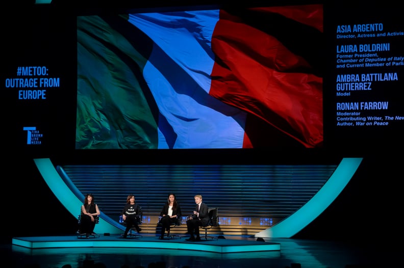 Asia Argento, Laura Boldrini, and Ambra Gutierrez Battilana take part in a panel moderated by Ronan Farrow in New York City, April 12, 2018.