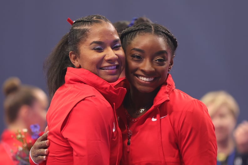 ST LOUIS, MISSOURI - JUNE 27: Jordan Chiles and Simone Biles pose following the Women's competition of the 2021 U.S. Gymnastics Olympic Trials at America's Center on June 27, 2021 in St Louis, Missouri. (Photo by Carmen Mandato/Getty Images)