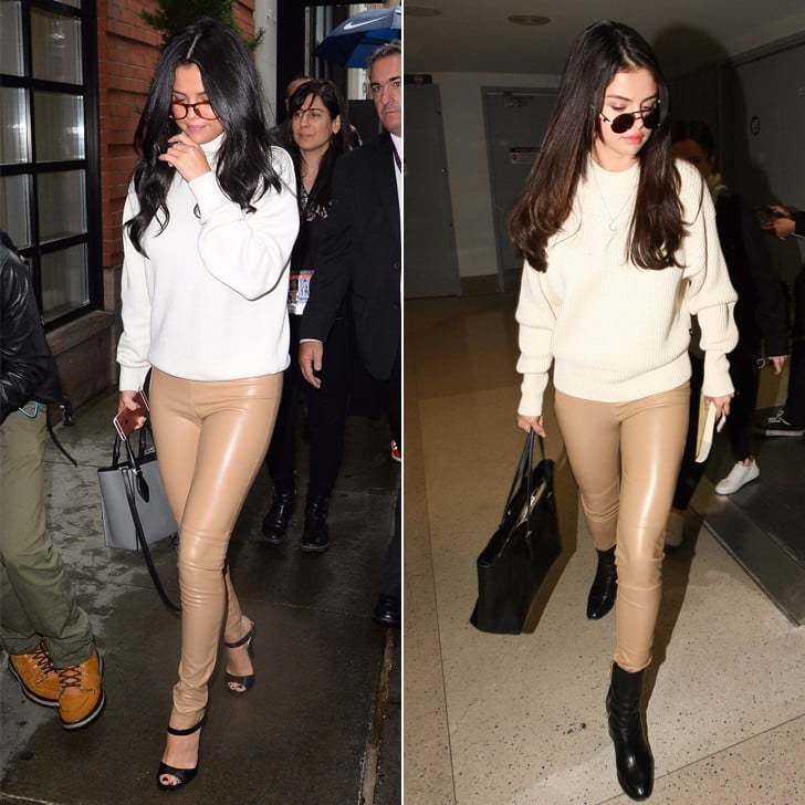 Selena Gomez: White Sweater, Beige Leather Pants