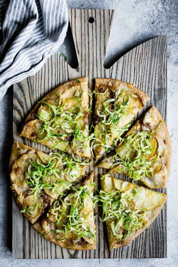 Roasted Potato Pizza with Shaved Brussels Sprout Slaw