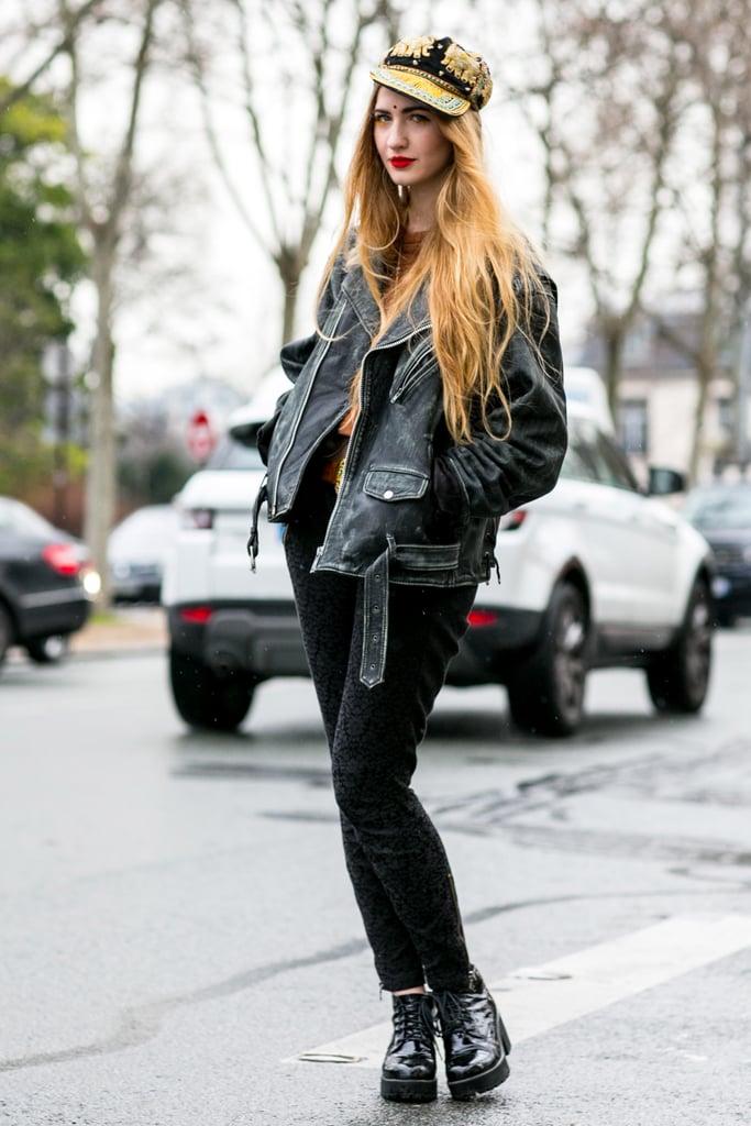 This tough girl's cool styling trick? A printed cap.