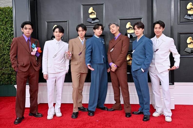 LAS VEGAS, NEVADA - APRIL 03: (L-R) V, Suga, Jin, Jungkook, RM, Jimin and J-Hope of BTS attends the 64th Annual GRAMMY Awards at MGM Grand Garden Arena on April 03, 2022 in Las Vegas, Nevada. (Photo by Axelle/Bauer-Griffin/FilmMagic)