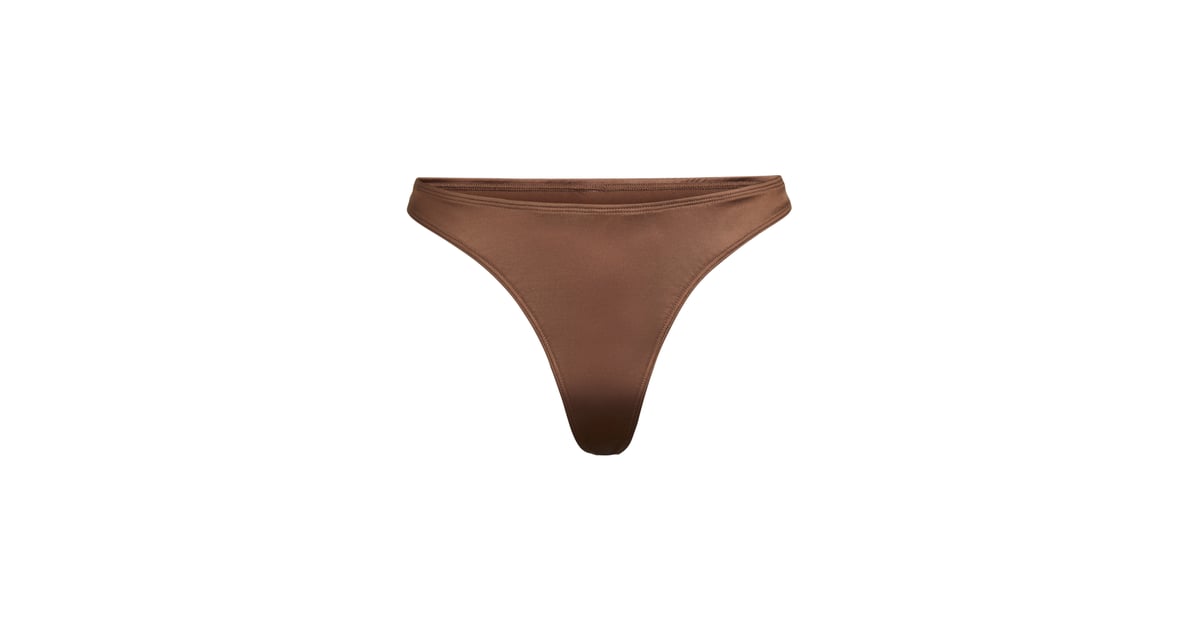 Skims Stretch Satin Thong in Smokey Quartz | Kim Kardashian Skims Stretch Satin Collection 
