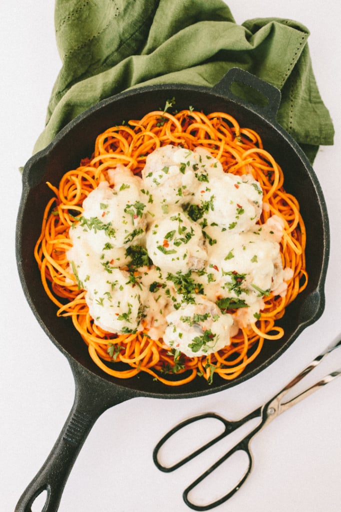 Paleo Cauliflower Alfredo With Gluten-Free Chicken Meatballs and Sweet Potato Noodles