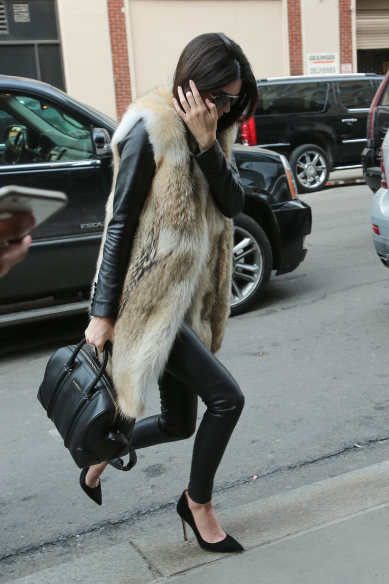Kendall Practiced Smart Street Style in Lots of Leather and an Oversize Furry Vest