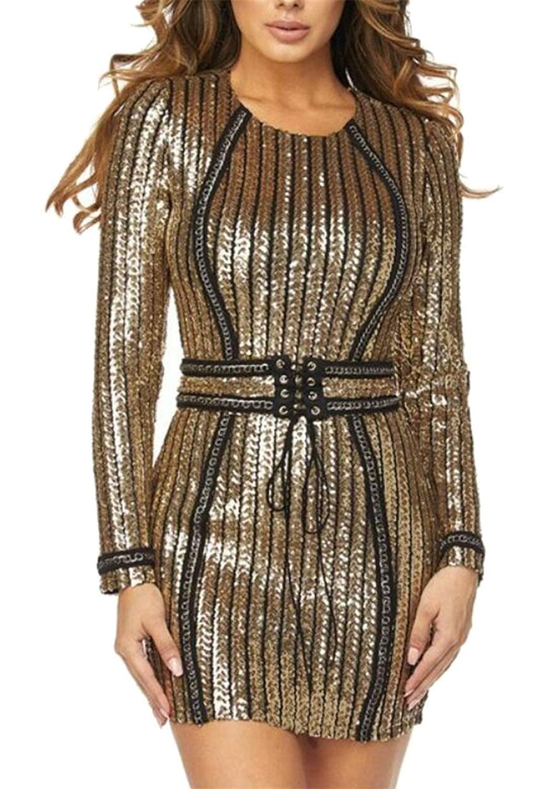 Gnao Women Slim Drawstring Sequins Long Sleeve Club Bodycon Mini Dress