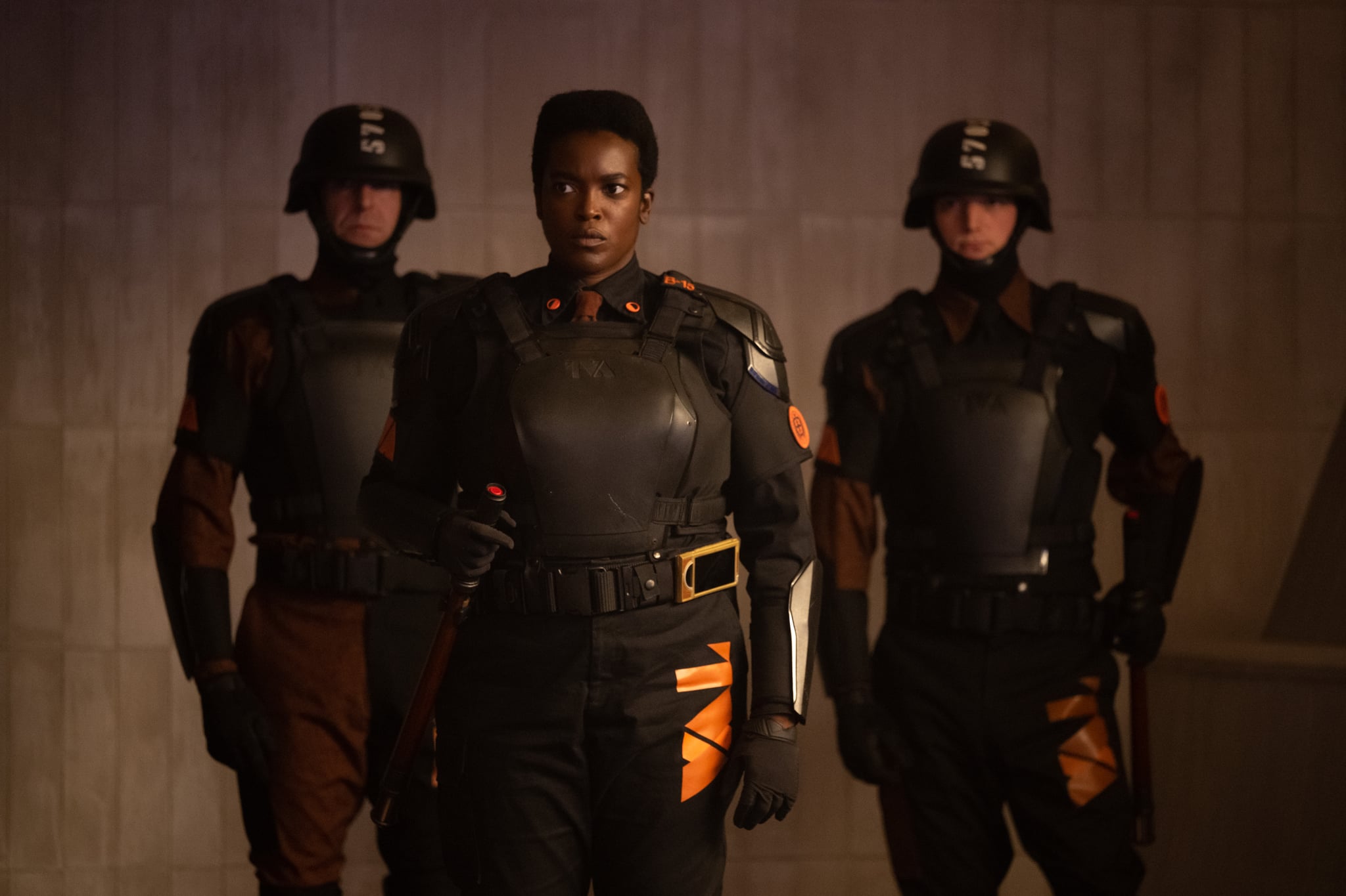 (Center): Wunmi Mosaku as Hunter B-15 in Marvel Studios' LOKI, Season 2, exclusively on Disney+. Photo by Gareth Gatrell. © 2023 MARVEL.