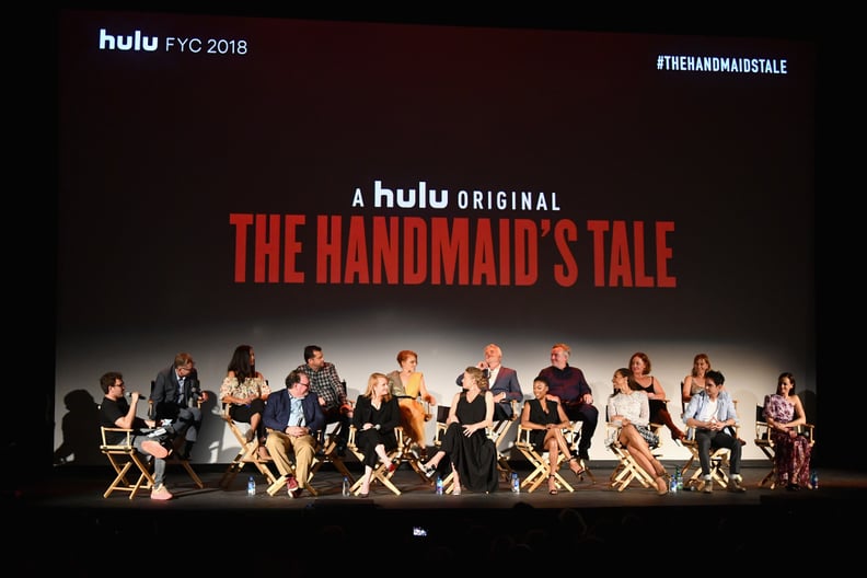 LOS ANGELES, CA - JULY 09:  (L-R Front) Jon Lovett, Bruce Miller, Elisabeth Moss, Yvonne Strahovski, Samira Wiley, Max Minghella and Alexis Bledel, (L-R Back) Warren Littlefield, Elisabeth Williams, Colin Watkinson, Madeline Brewer, Bradley Whitford, Mike