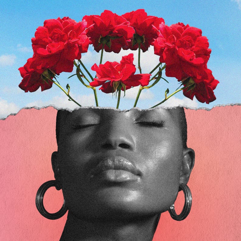 collage of a woman with flowers coming out of her head symbolizing how to manifest someone and love