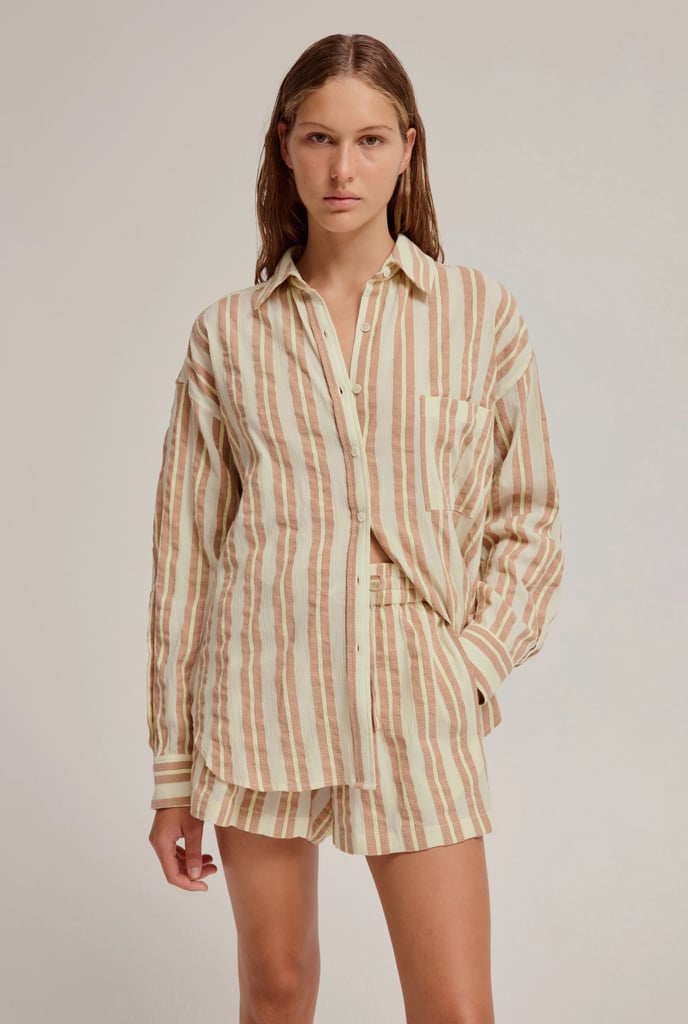 Venroy Oversized Stripe Shirt in Yellow Seersucker ($170)