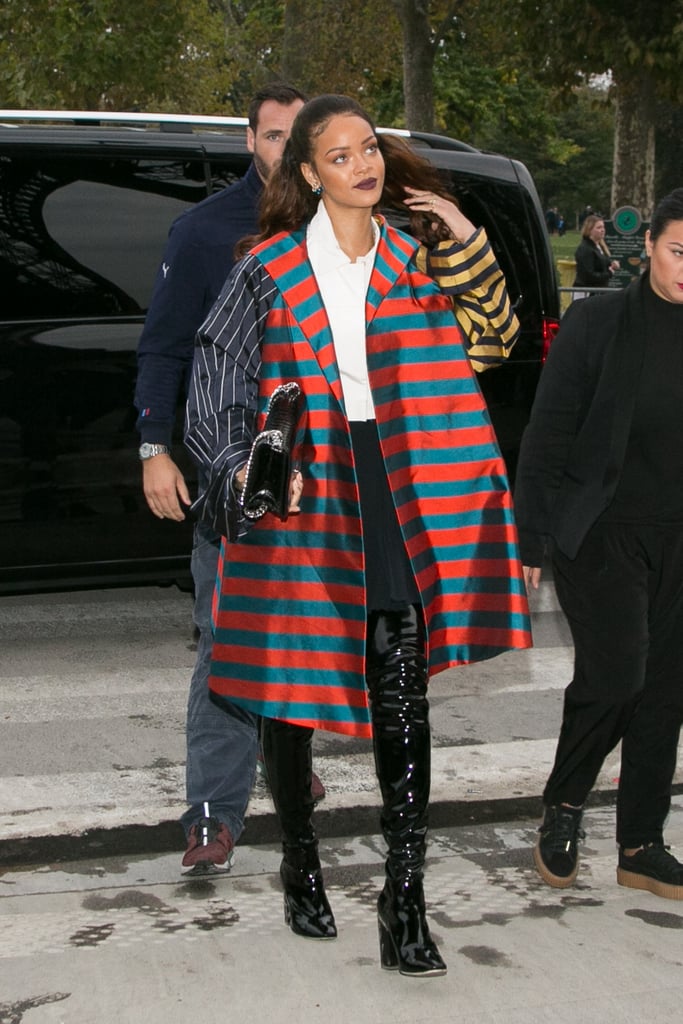 Rihanna looked like a mismatched queen in this striped coat in 2015.