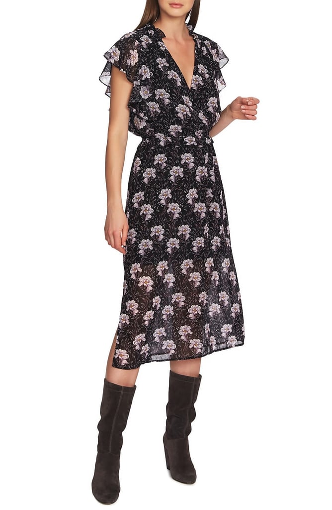 1.STATE Bloomsbury Floral Ruffle-Sleeve Midi Dress