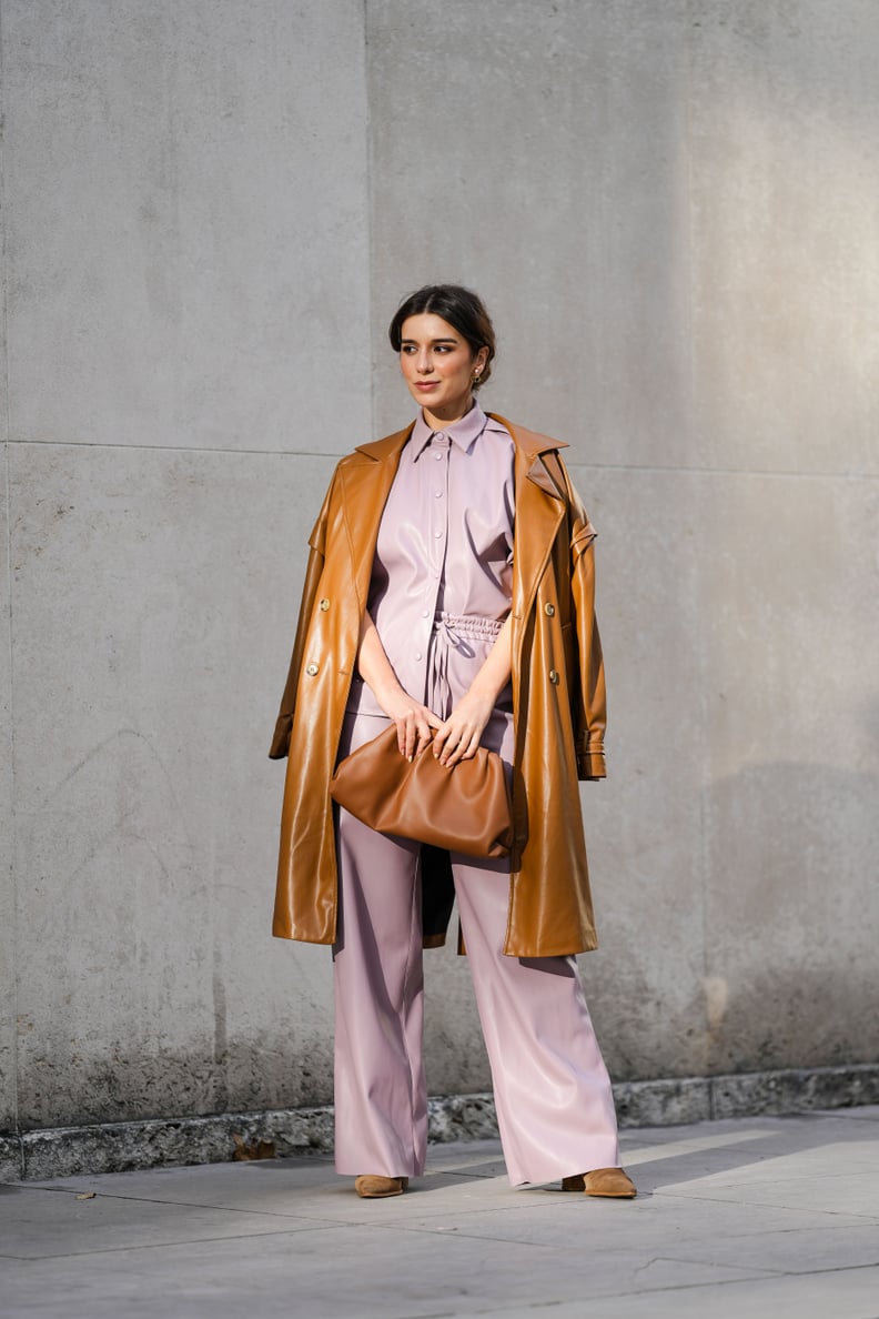 Go For a Lavender Monochrome Look Tucked Under a Brown Leather Coat