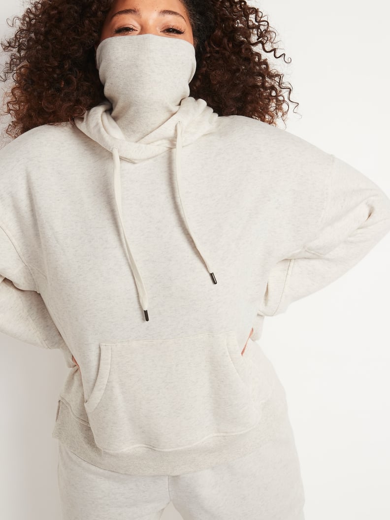 Oversized Rib-Knit Funnel-Neck Pullover Hoodie