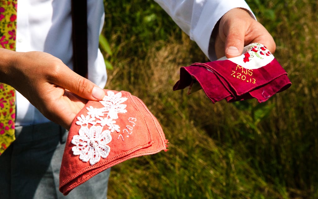 Amy made herself, Mark, and the wedding party hand-embroidered vintage hankies as gifts.
Source: Evangeline Lane Photography