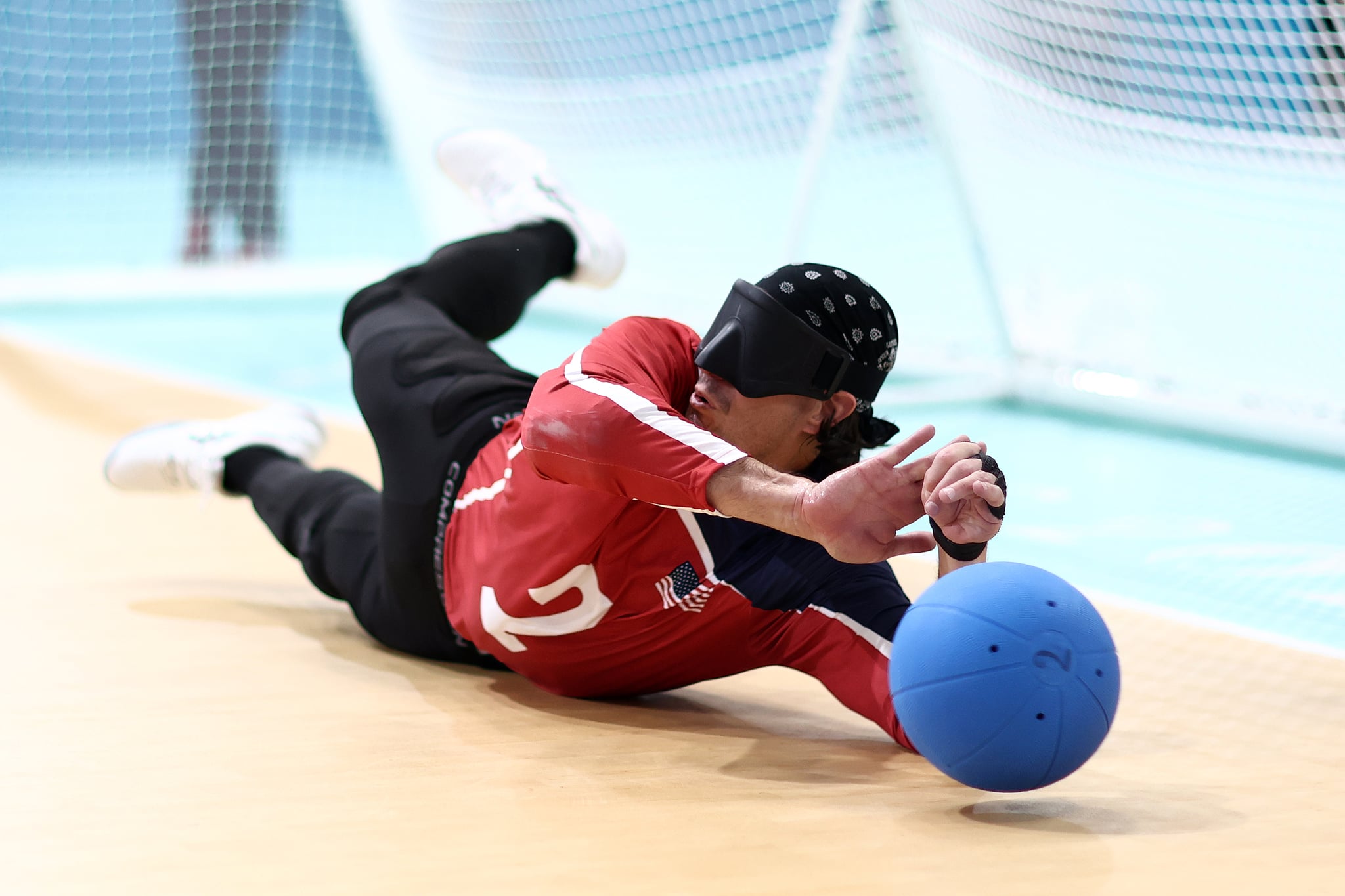 PARIS, FRANCE - AUGUST 25: Tyler Merren of Team USA in action during a Goalball training session at the South Paris Arena 6 on August 25, 2024 in Paris, France. (Photo by Naomi Baker/Getty Images)