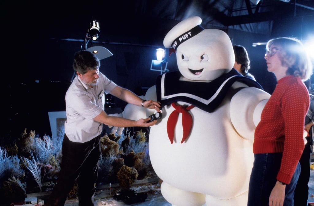 The full-size Stay Puft suit was prepped for filming as VFX director of photography Bill Neill took a light meter reading.