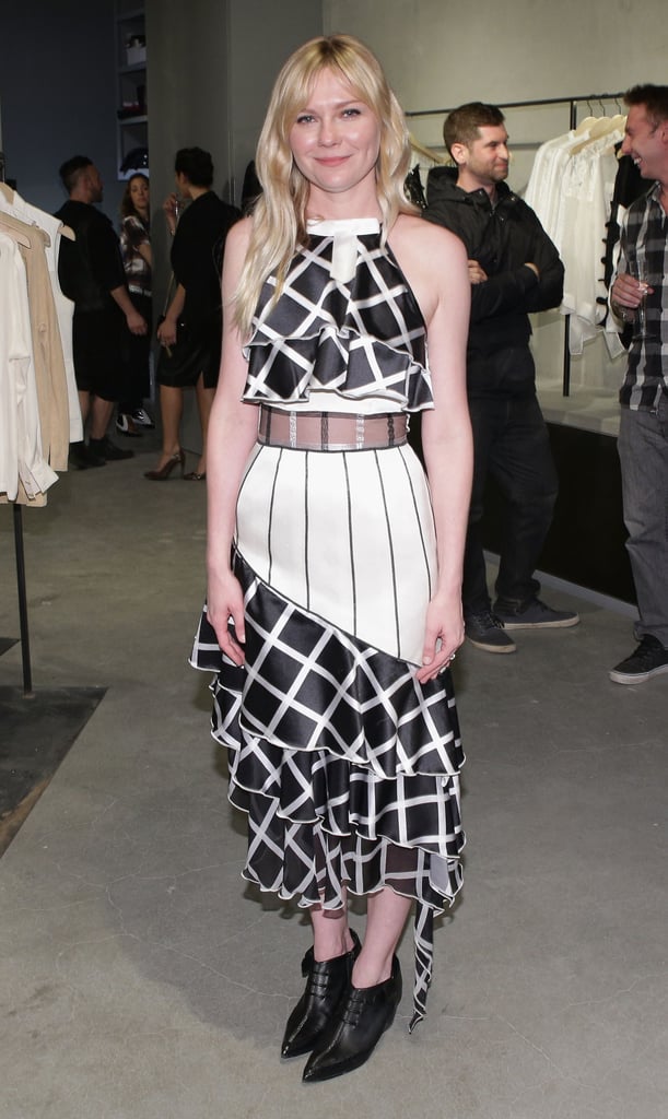 Kirsten attended the Rodarte book launch party in 2014 wearing a grid pattern dress from the label.