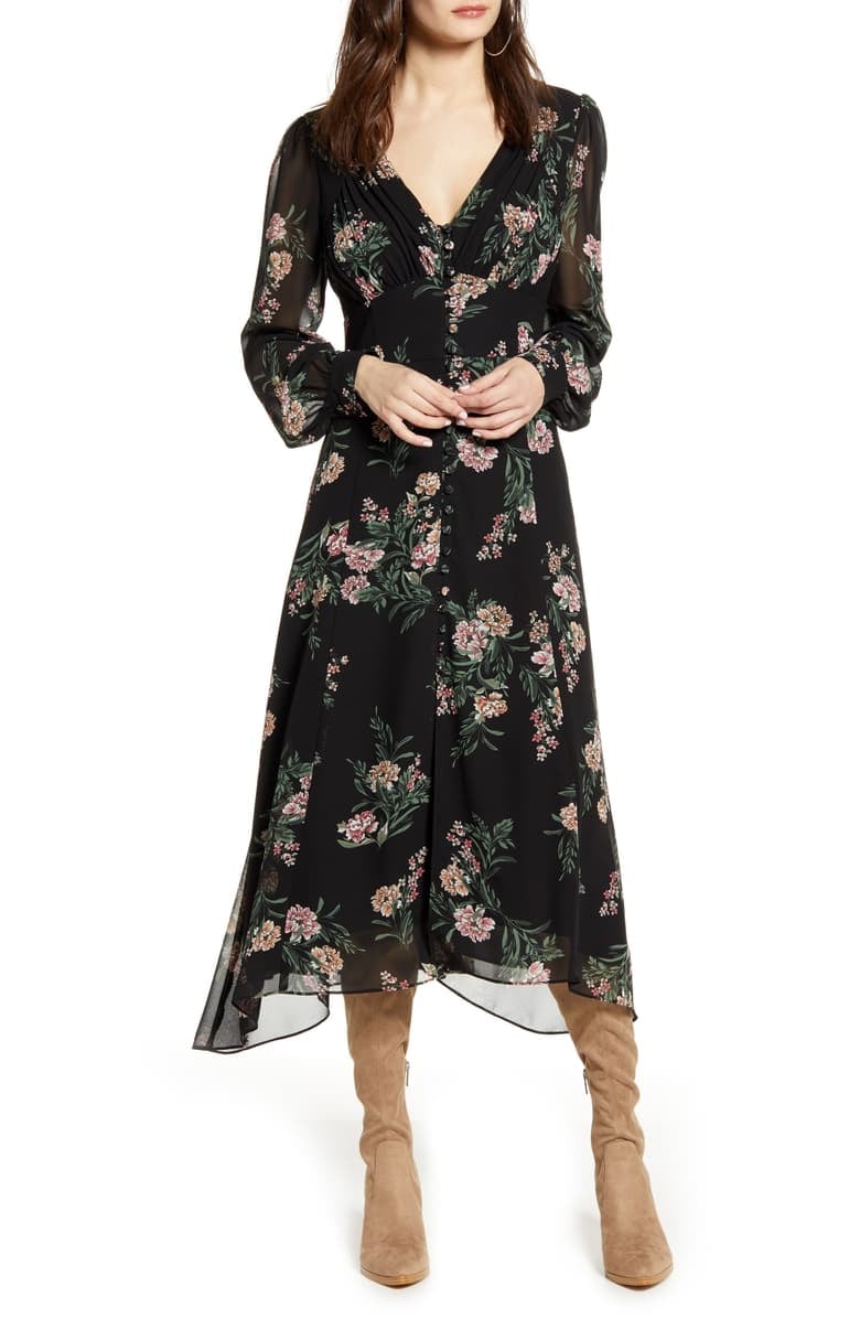 the Label Floral Long Sleeve Midi Dress ...