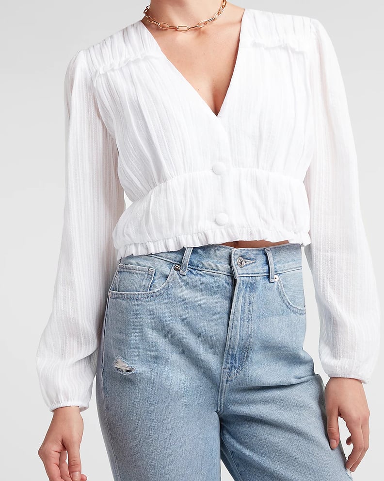 Express Textured Ruffle Button Front Cropped Top