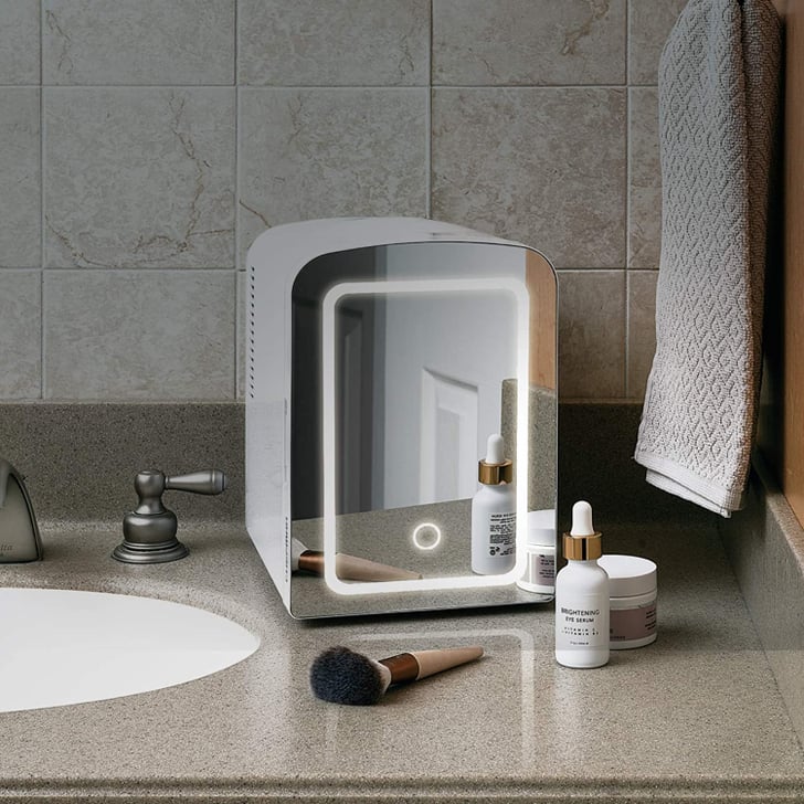 A SkinCare Fridge With a Mirror Chefman Portable Mirrored Beauty