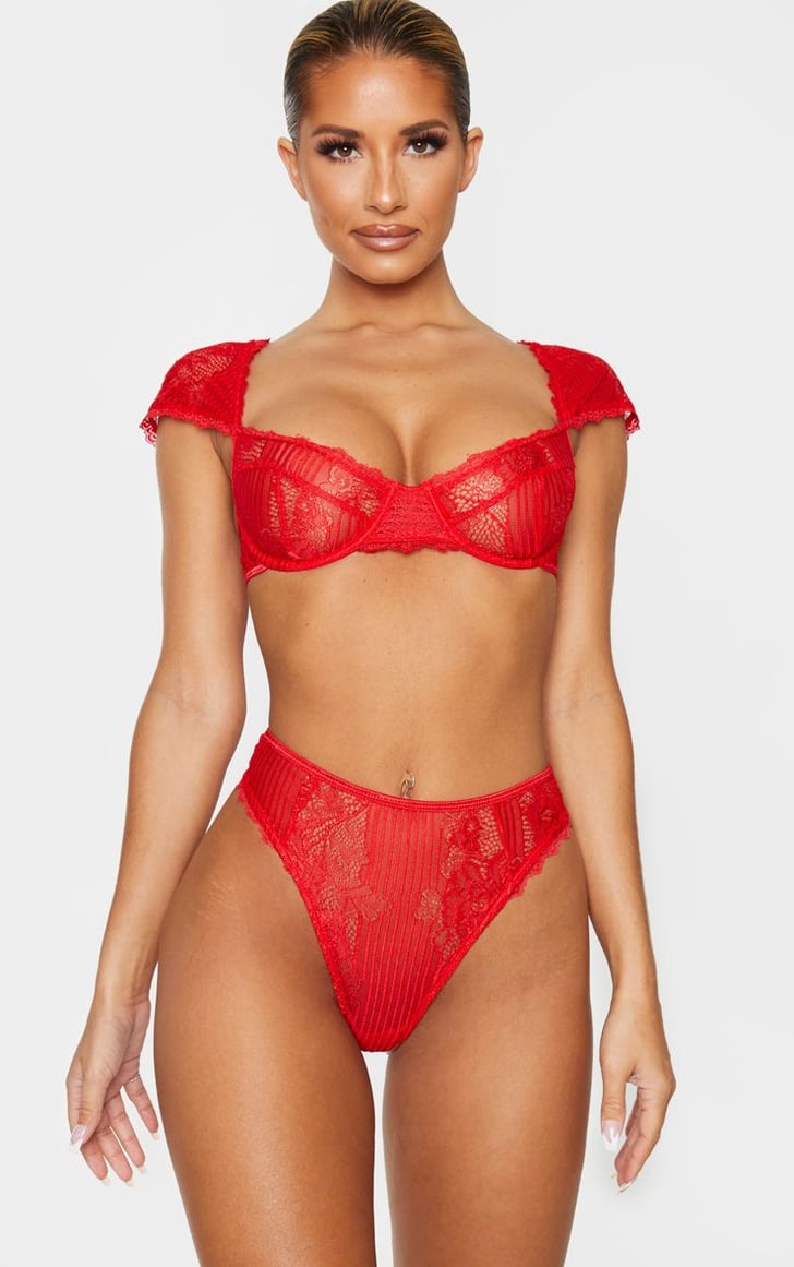 Pretty Little Thing Red Lace Capped Sleeve Underwired Lingerie Set Sexy Red Lingerie For All 3166