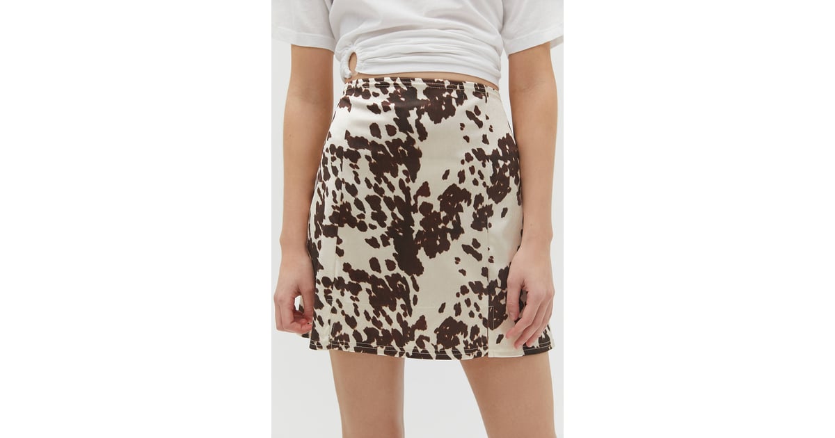 UO Cow Print Satin Notched Mini Skirt 