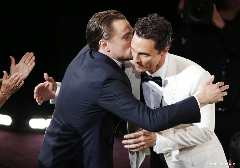 Fellow nominee Leonardo DiCaprio congratulated Matthew McConaughey on his best actor win with a kiss.