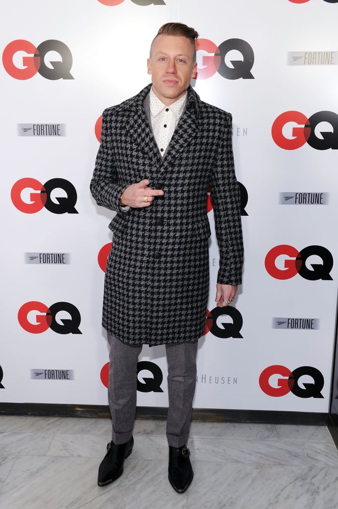 Macklemore wore a patterned coat to the GQ party on Friday.