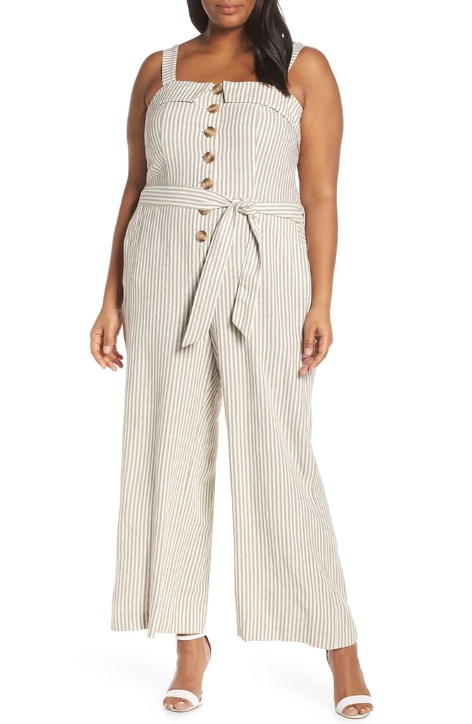 Vince Camuto Stripe Tie Front Linen Blend Jumpsuit