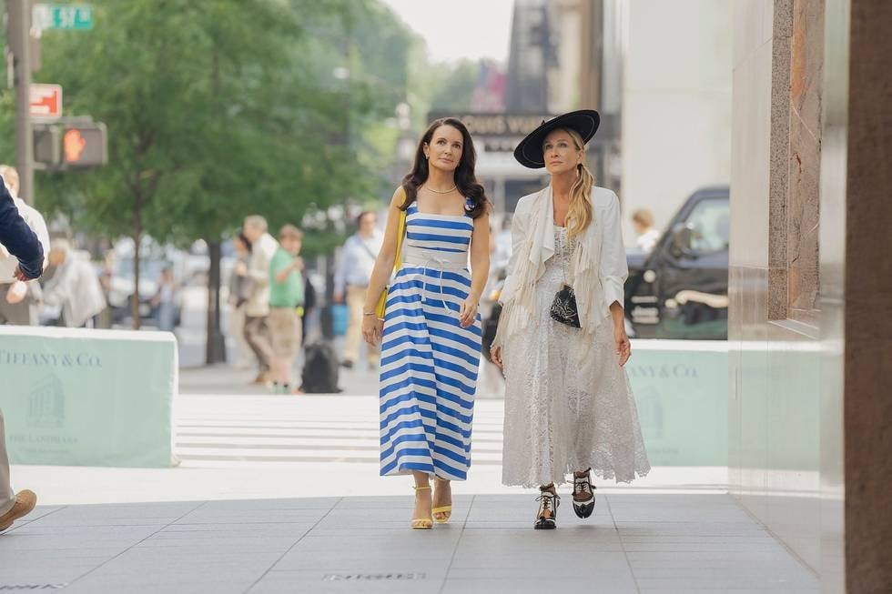 Carrie Bradshaw's White & Charlotte York's Stripe Dresses "And Just Like That" Season 3, Episode 6
