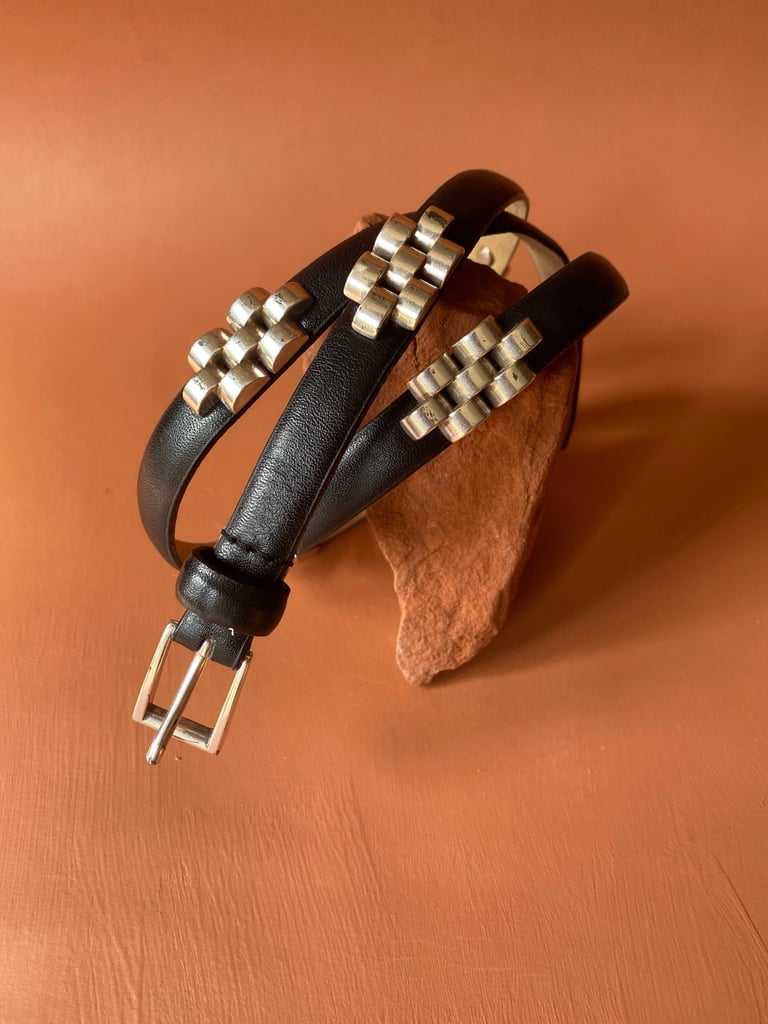 Vintage Calvin Klein Black Leather and Silver Basketweave Stud Trimmed Belt