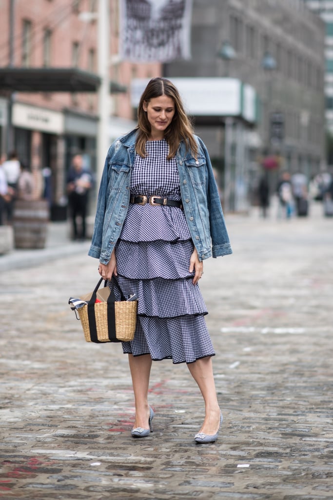 Belt a Ruffled Dress and Style It With Kitten Heels and a Denim Jacket