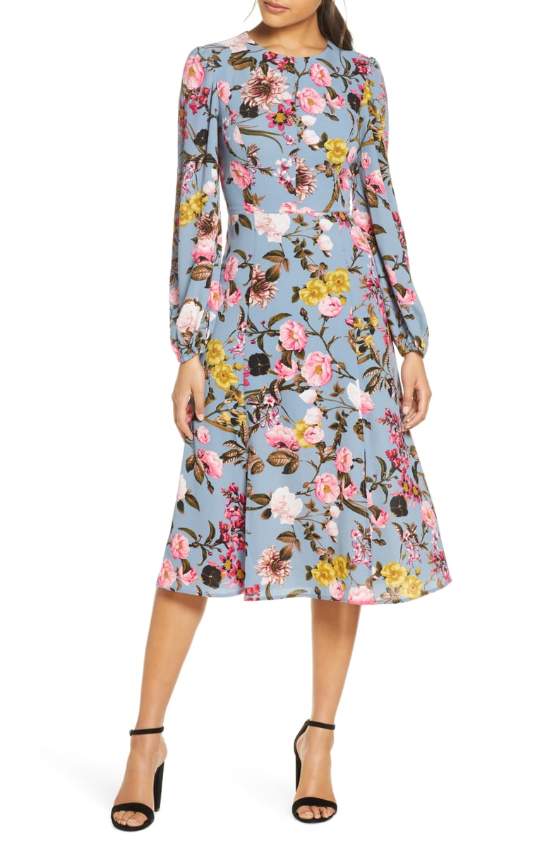 Eliza J Floral Print Long Sleeve Crepe Midi Dress