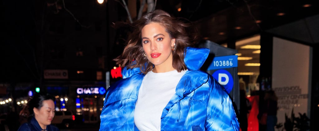 Ashley Graham Blue Coat and Black Leggings 2019