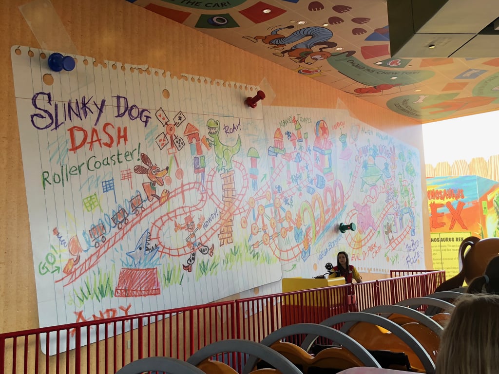 The inside of Slinky Dog Dash, where you can see Andy's crayon plans for the coaster.