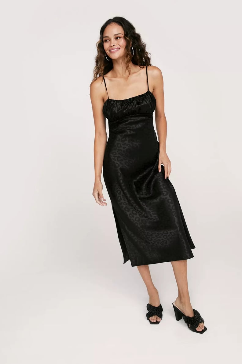 An Intricate Black Dress: Nasty Gal Satin Animal Jacquard Midi Dress