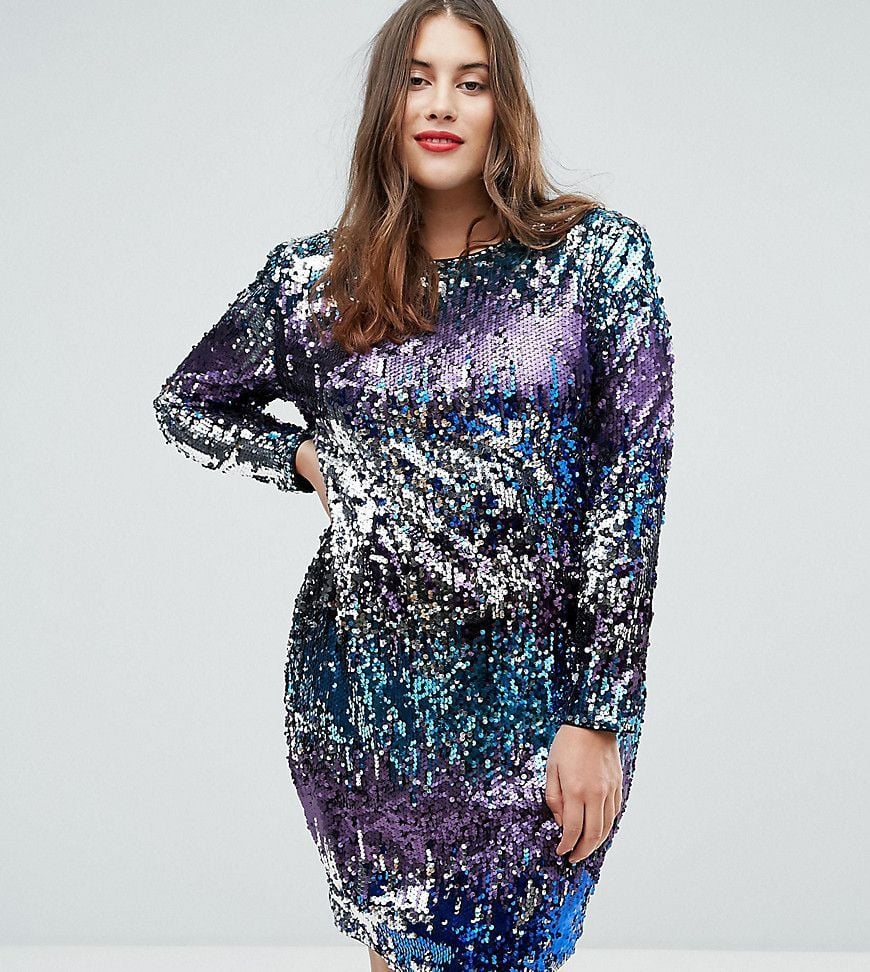 TFNC Long Sleeve Sequin Mini Dress in Multi Sequin With Shoulder Pads