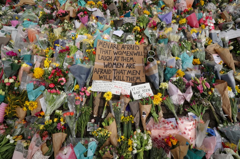 LONDON, ENGLAND - MARCH 15: Floral tributes and messages are placed in tribute to Sarah Everard at Clapham Common on March 15, 2021 in London, England. Hundreds of people turned out at Clapham Common on Saturday night to pay tribute to Sarah Everard, a 33